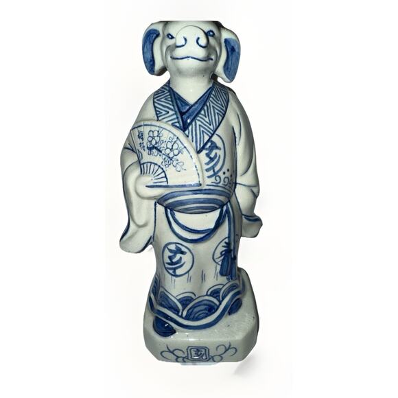 Blue White Porcelain Chinese Pig Zodiac Chinoiserie Animal Figurine Lunar 10 In - Picture 1 of 5